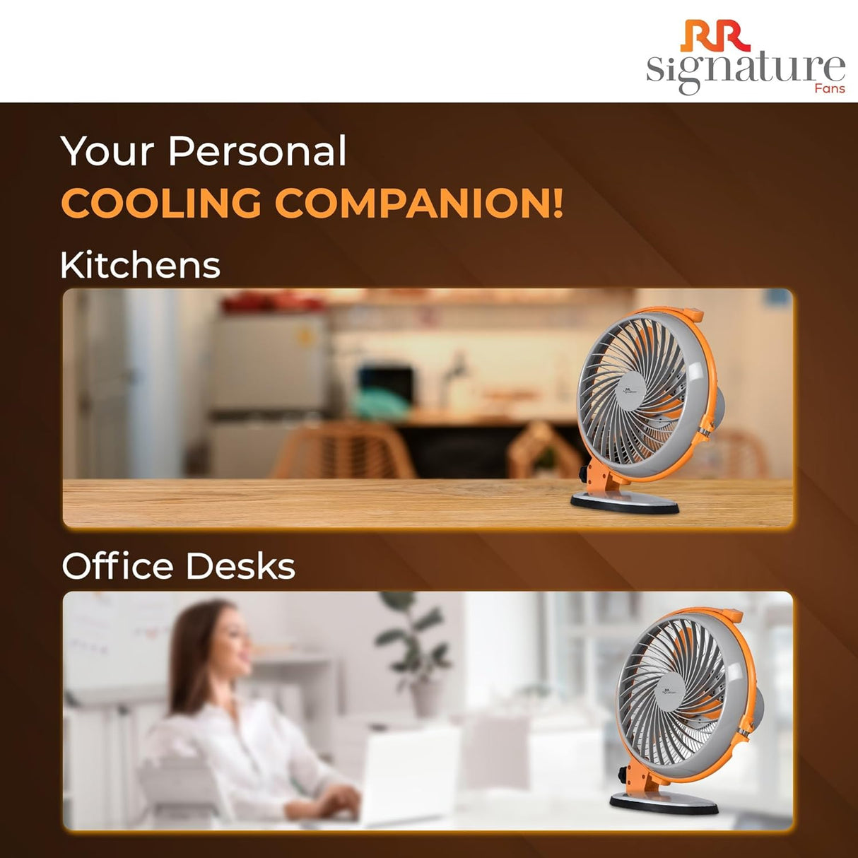 Portable fan advertisement with text 'Your Personal Cooling Companion!' and 'RR Signature' branding.