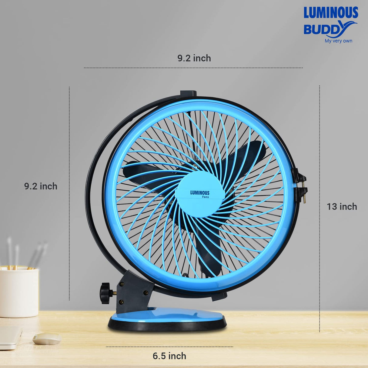Blue table fan with dimensions on a gray background, featuring the Luminous Buddy brand.