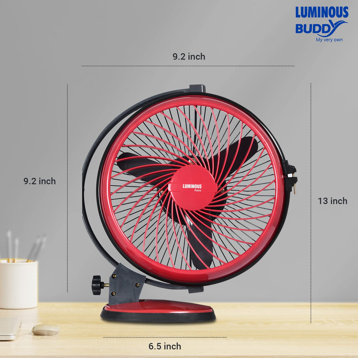 Red and black fan with dimensions on a gray background, featuring the Luminous Buddy brand.