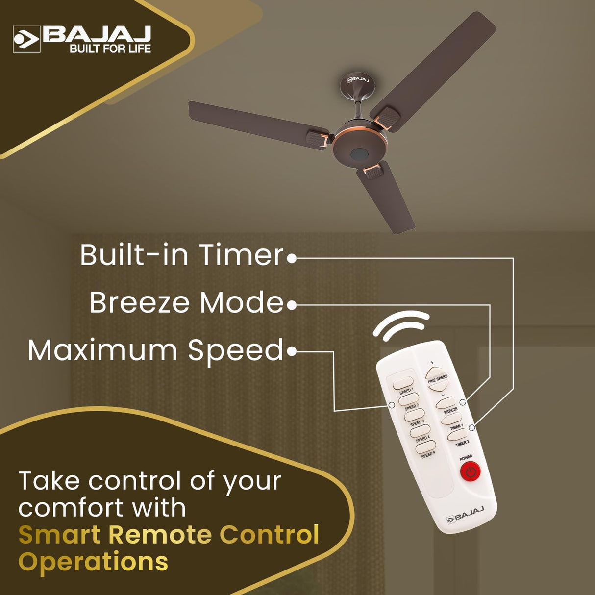 Bajaj Ethora Plus 1200mm High Speed BLDC Ceiling Fan with Remote ?Red Walnut Copper?