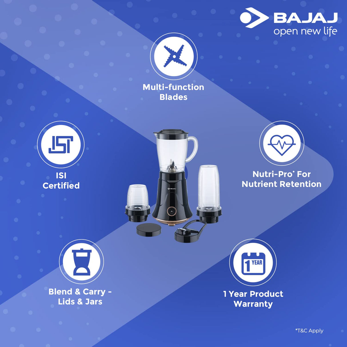 Bajaj NX-01 300 Watts Bullet Nutri-Pro Mixer Grinder |Black & Copper