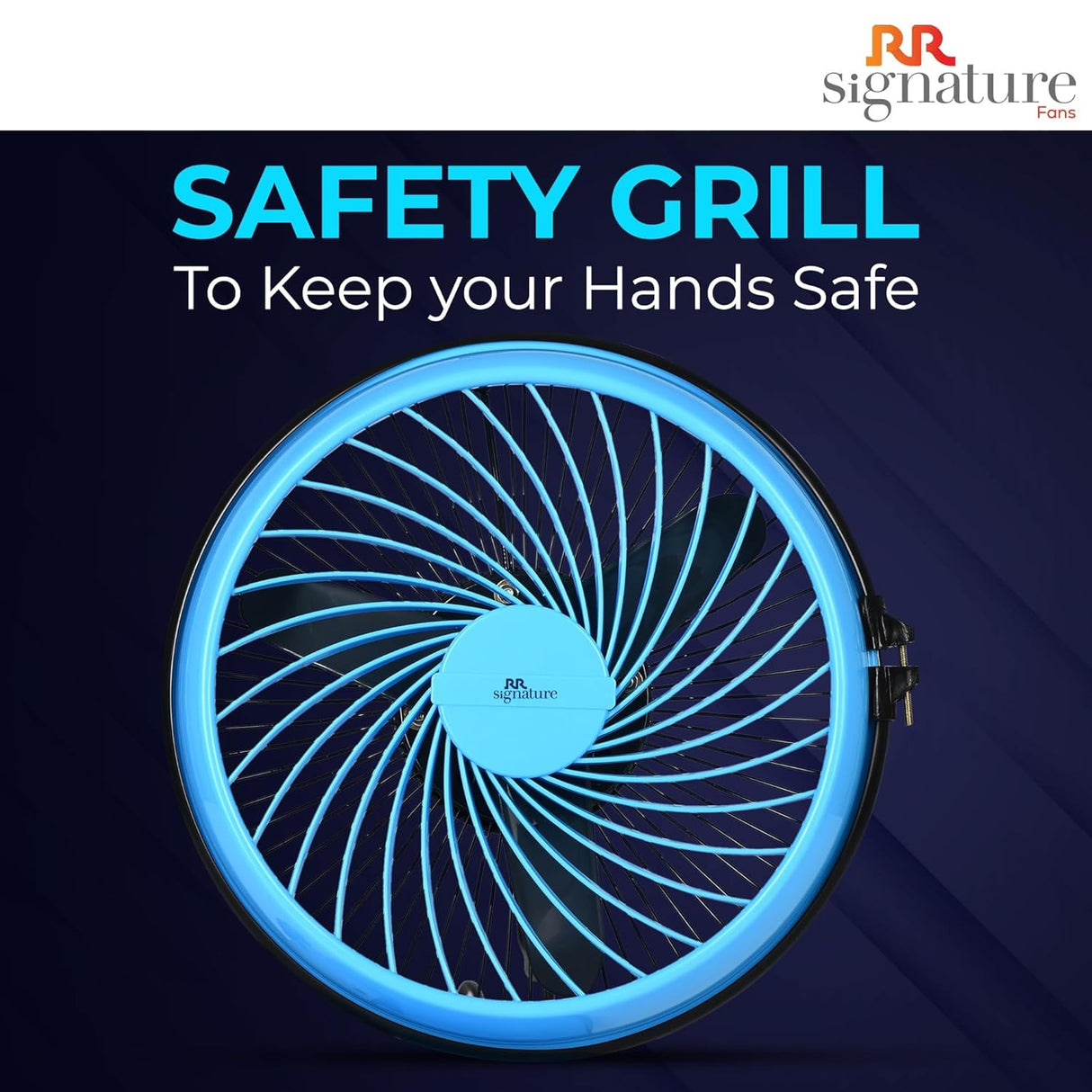 Safety grill with blue glowing effect on a dark background, featuring RR Signature logo.