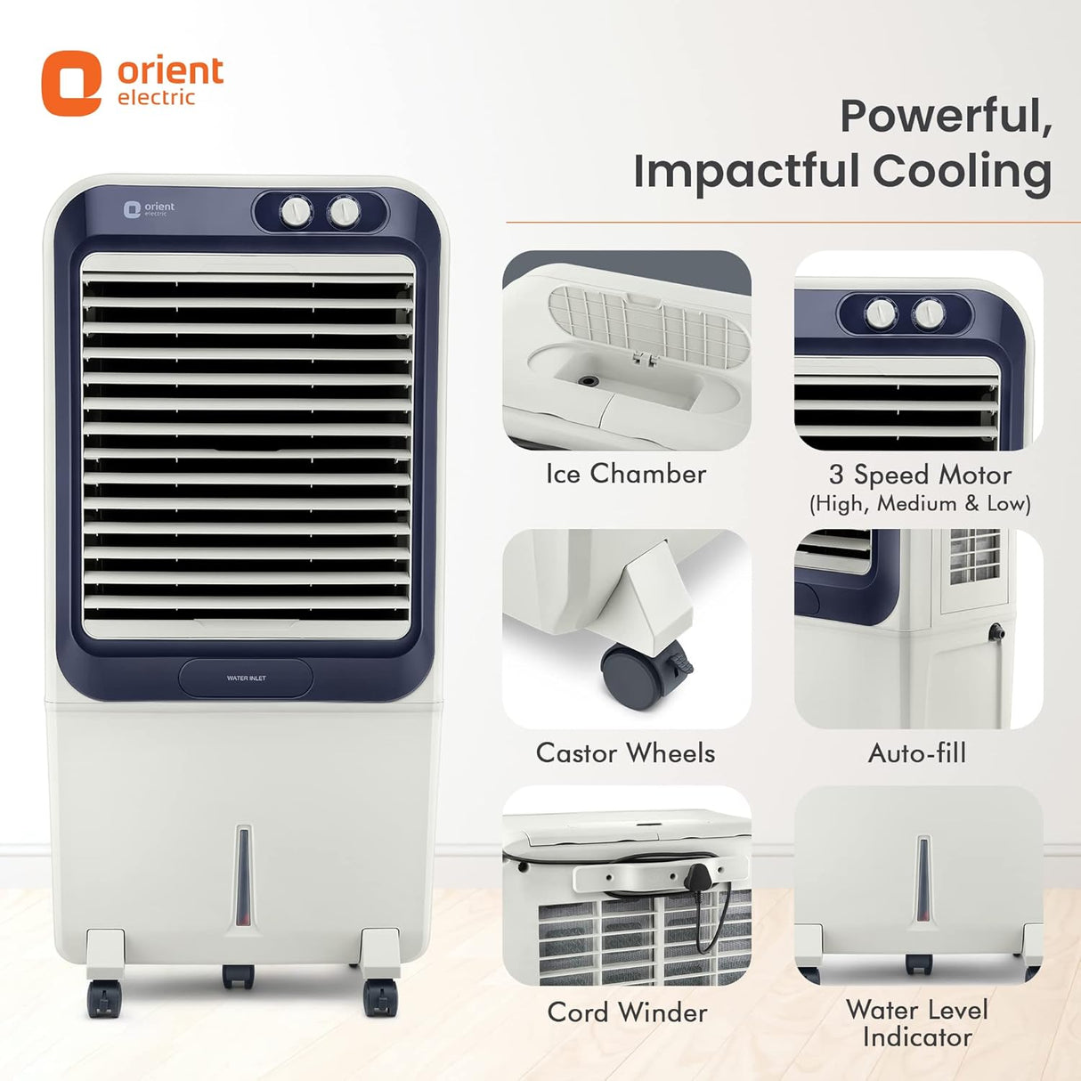 Orient Electric Knight 70L Desert Air Cooler with Densenest Honeycomb pads, Ice chamber, Dust Filter (Grey)