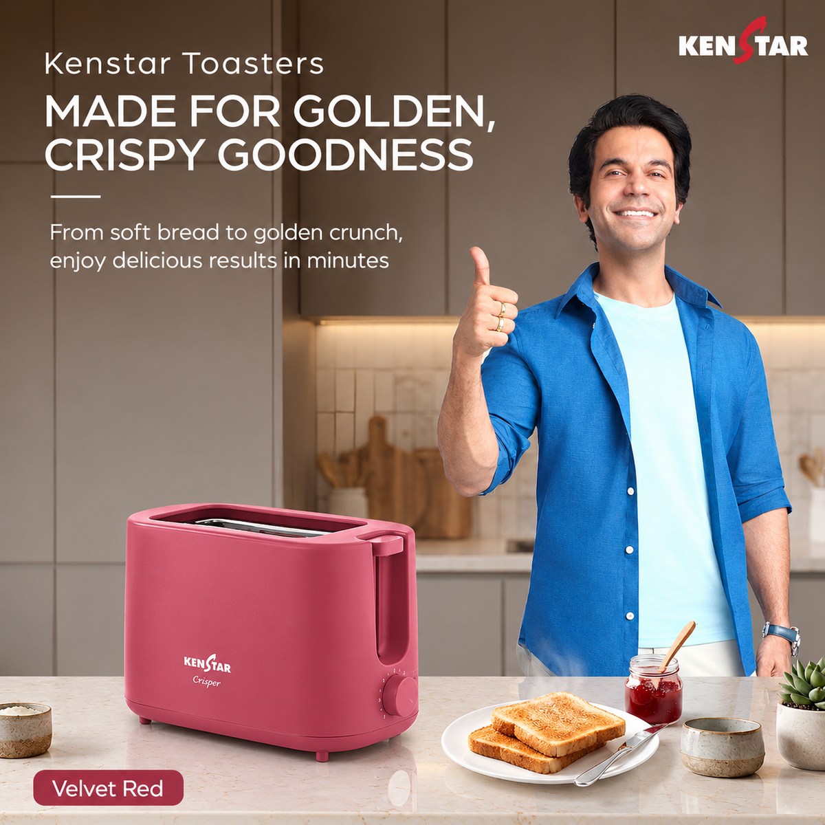Kenstar CRISPER 2 Slice Pop-Up Toaster for Kitchen (Velvet Red))