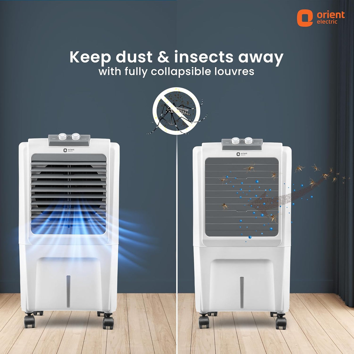 Orient Electric air cooler with features highlighted on a dark background