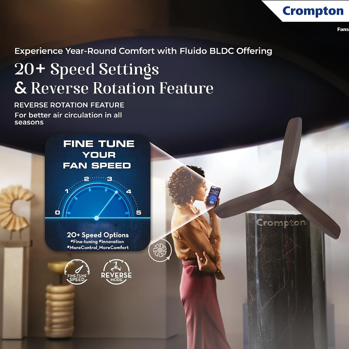 This fan has 20+ Speed Settings and which has function for reverse rotation for reverse mode