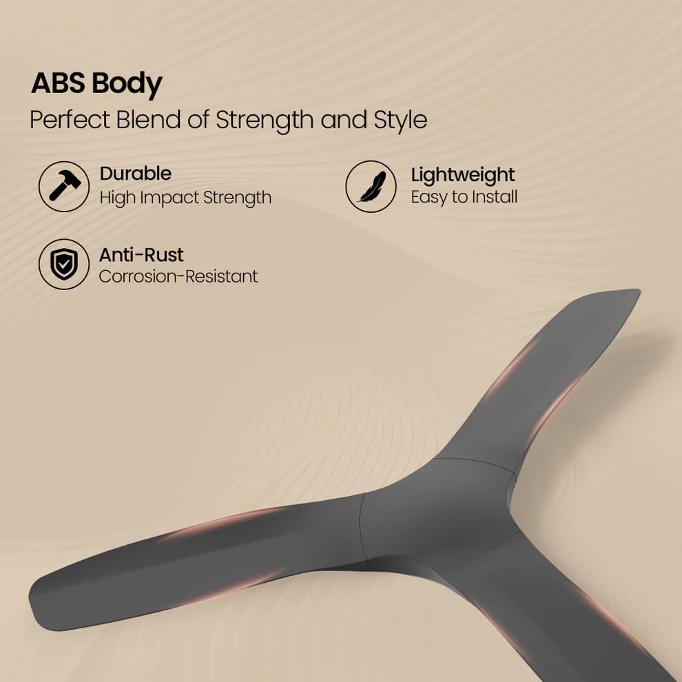 Ceiling fan blade with ABS body features on a beige background