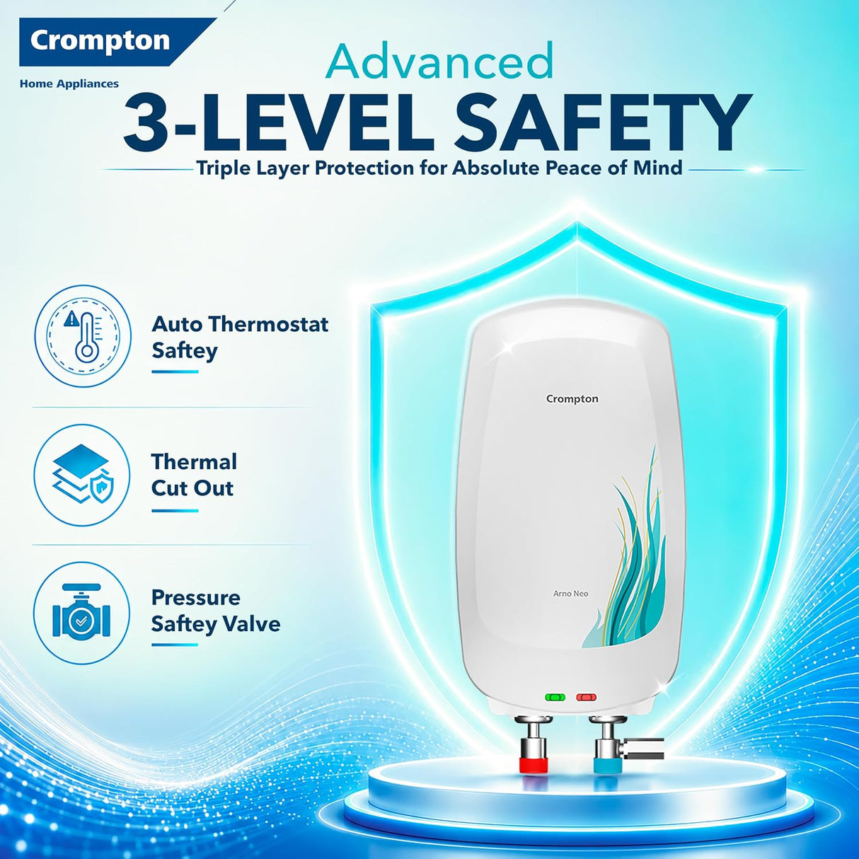 This Crompton geyser has auto thermostat safety , Thermal Cut Out and Pressure Safety Valve