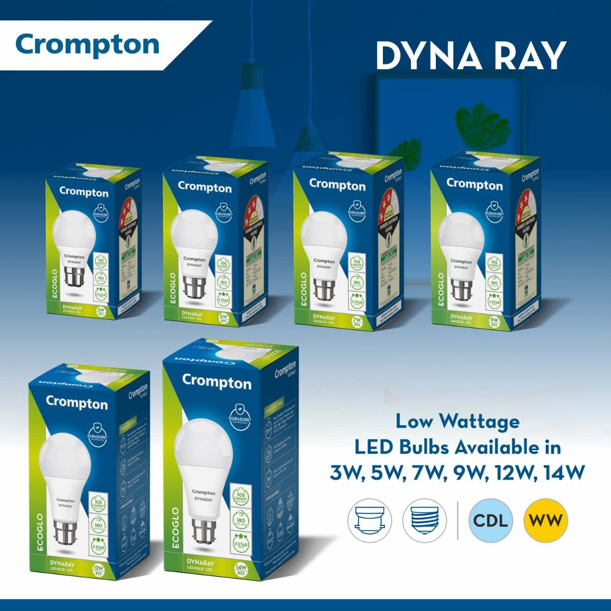 Crompton Dyna ray Bulb has low wattage led bulbs which is available in 3W, 5W, 7W, OW, 12W, 14W