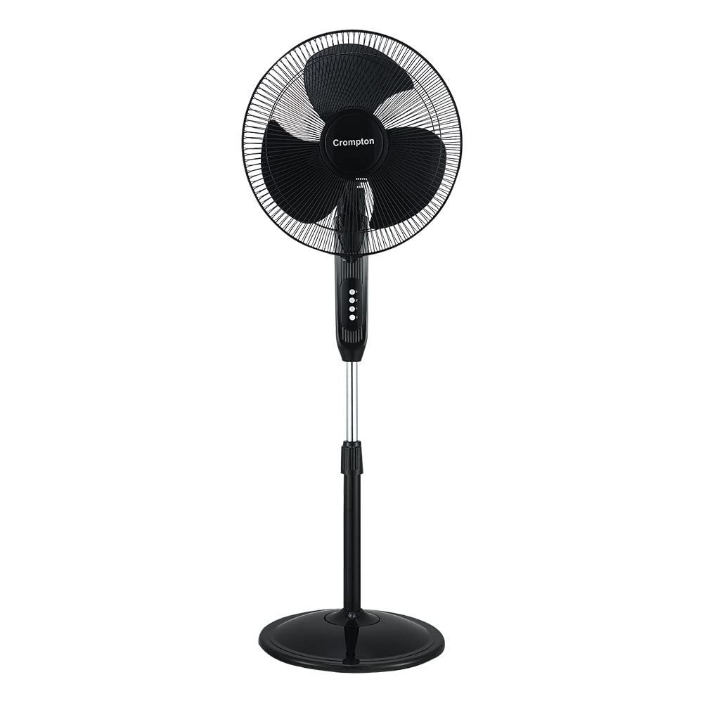 A Crompton Pedestal fan with White background and in black colour pedestal fans