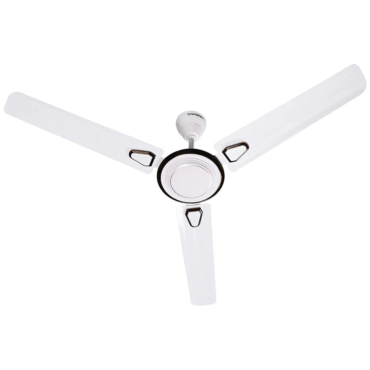 White ceiling fan with three blades on a white background