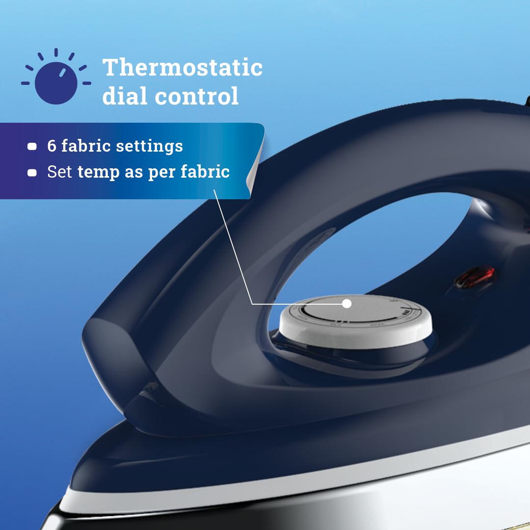 This Crompton has 6 fabric settings with set temperature as per fabric with thermostatic dial control