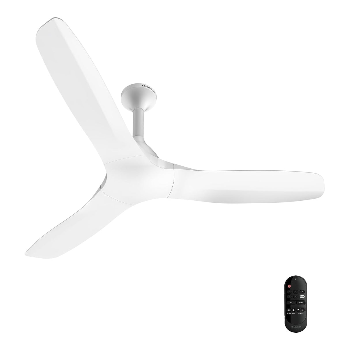 A modern three-blade ceiling fan in white with a matching remote control, shown against a solid white background.