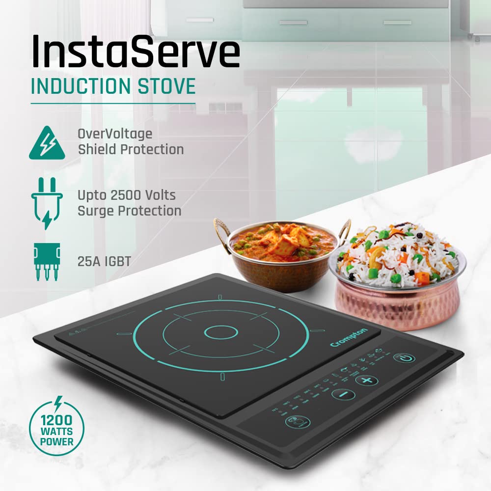 Induction stove with food on a kitchen counter, featuring InstaServe branding.