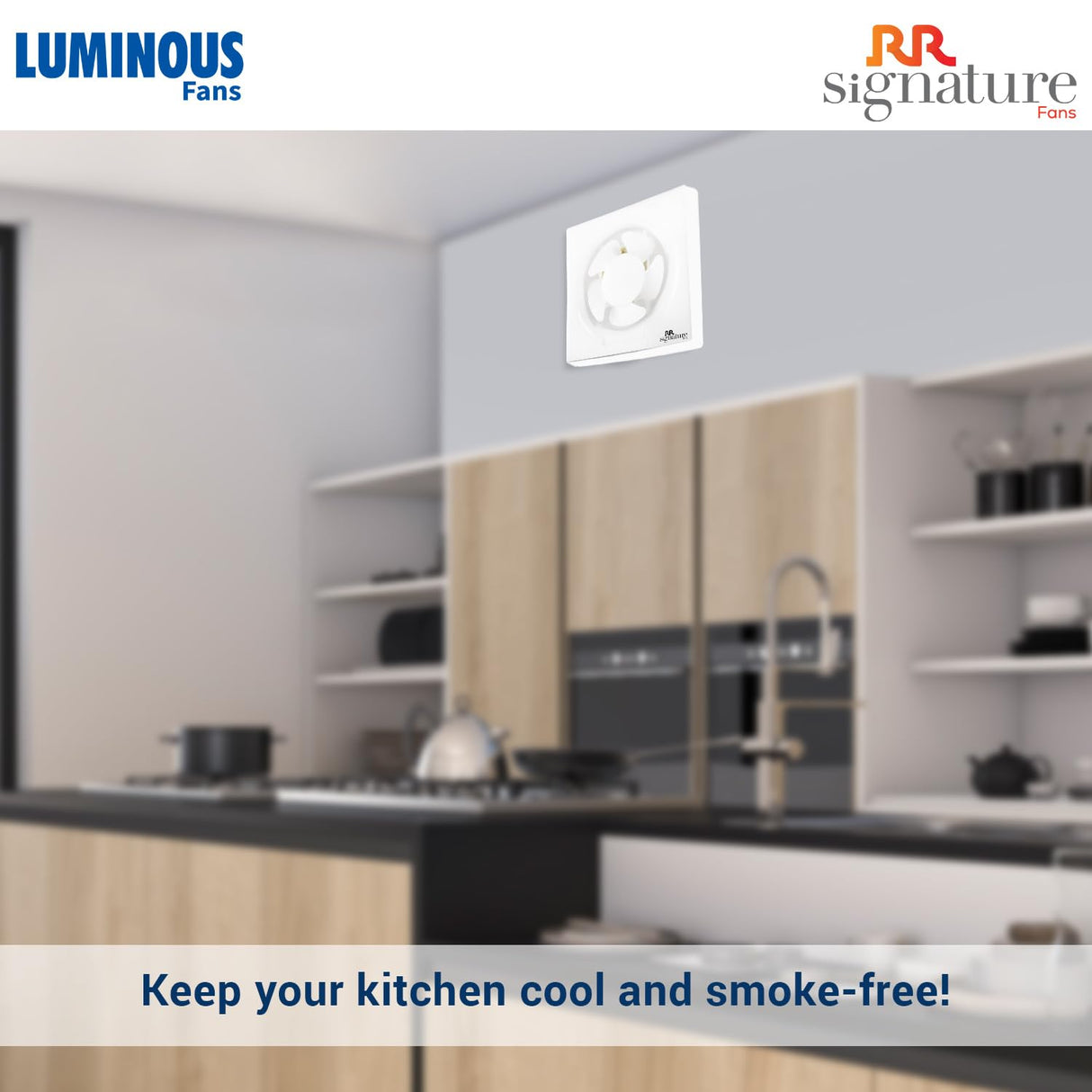 Modern kitchen with a focus on a ceiling fan, featuring Luminous and RR Signature brands.