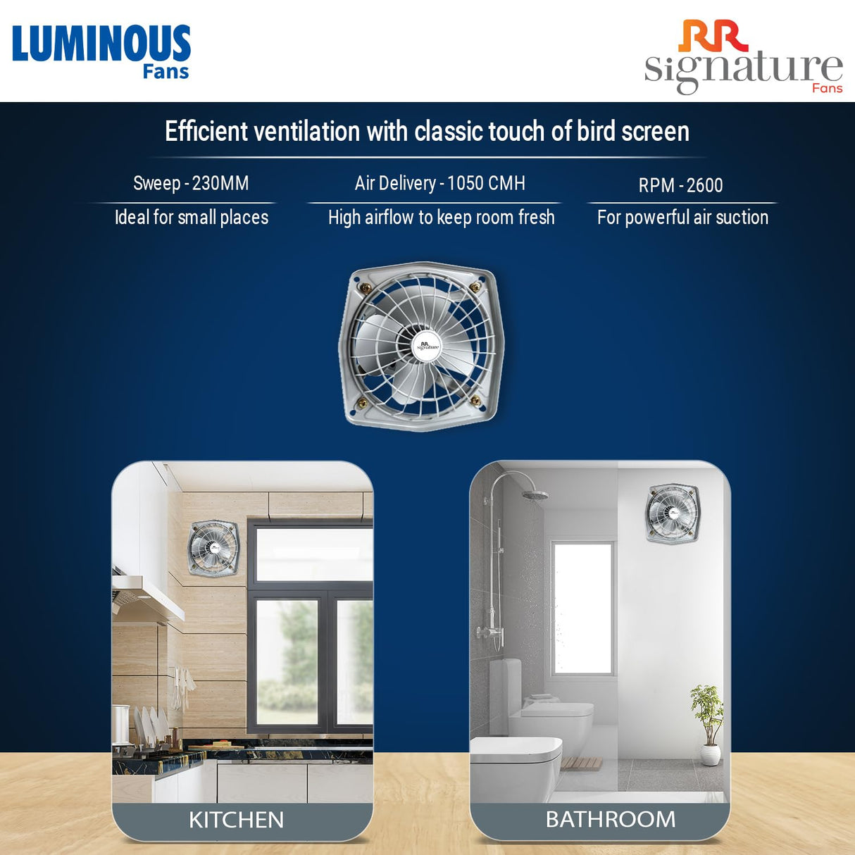 Luminous Fans product with features and usage scenarios in kitchen and bathroom on a blue background.
