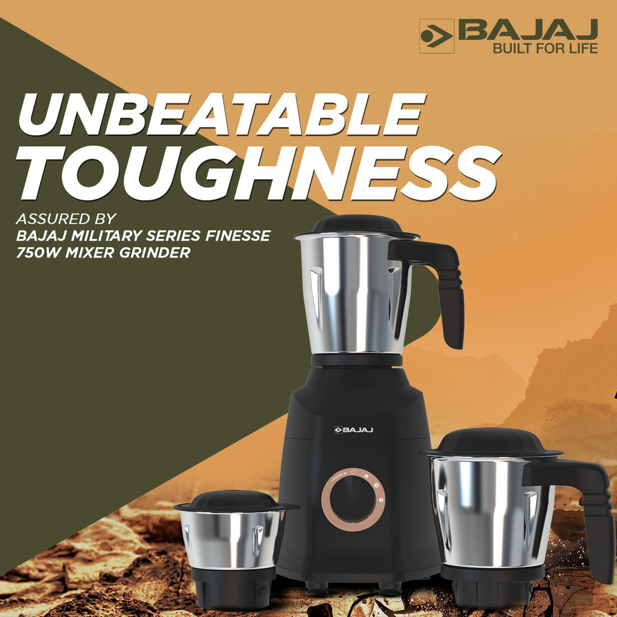 Bajaj Military Series Finesse 750W Mixer Grinder with 3 Stainless Steel Military Grade Jars (Midnight Black)