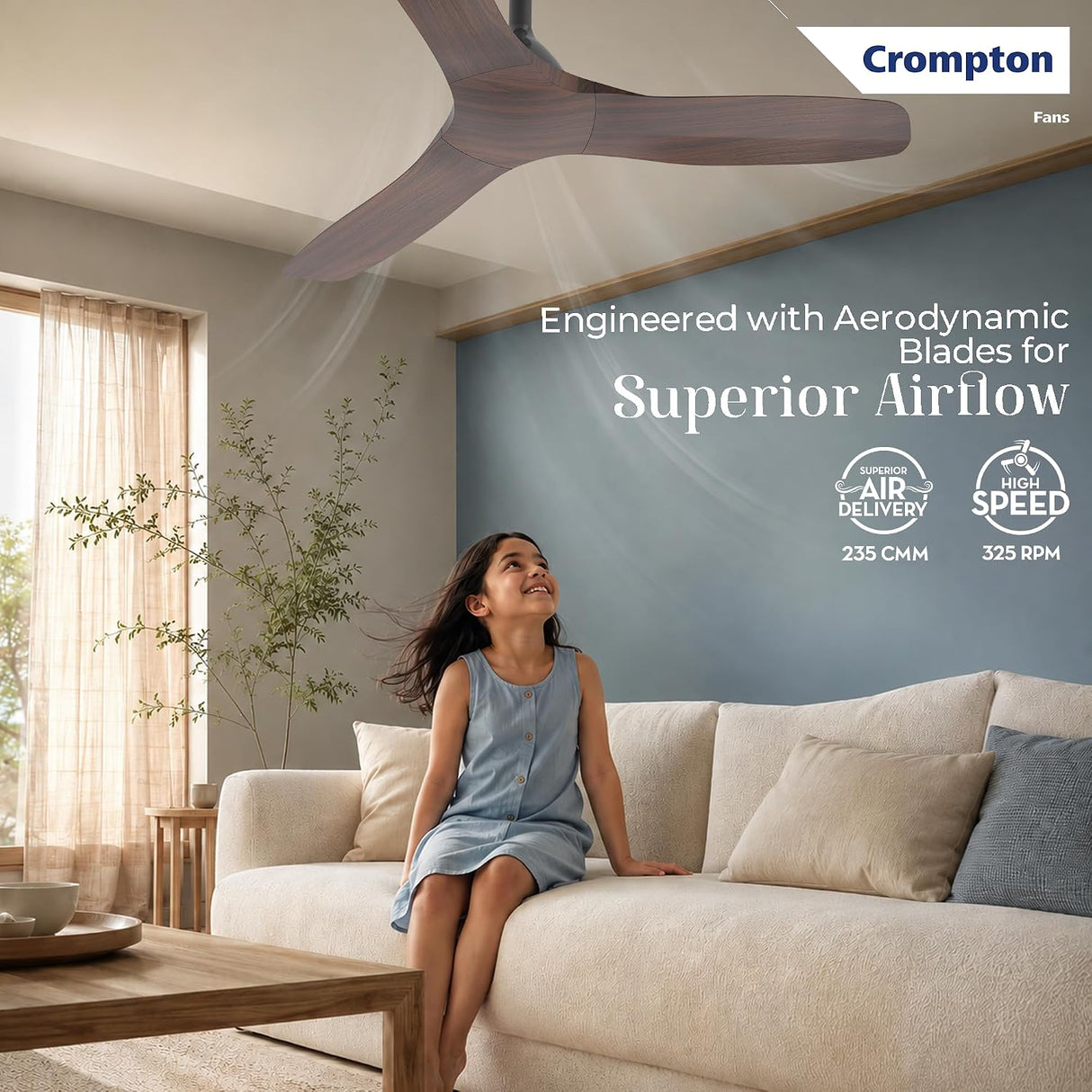 this ceiling fan is engineered with aerodynamic blades for superior airlow which has air delivery 235 CMM and high speed 325 RPM