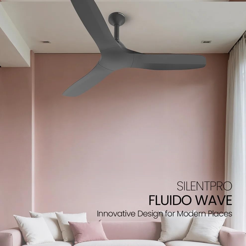 Ceiling fan in a modern living room with 'Silentpro Fluido Wave' branding.