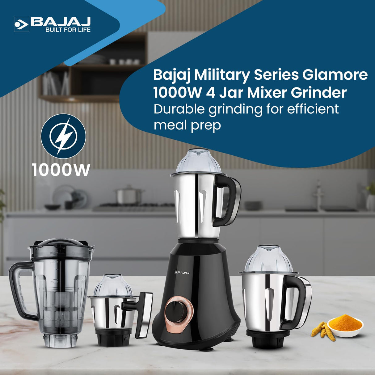 Bajaj Military Series Glamore 4 Jar 1000-Watts Mixer Grinder (Jet Black)
