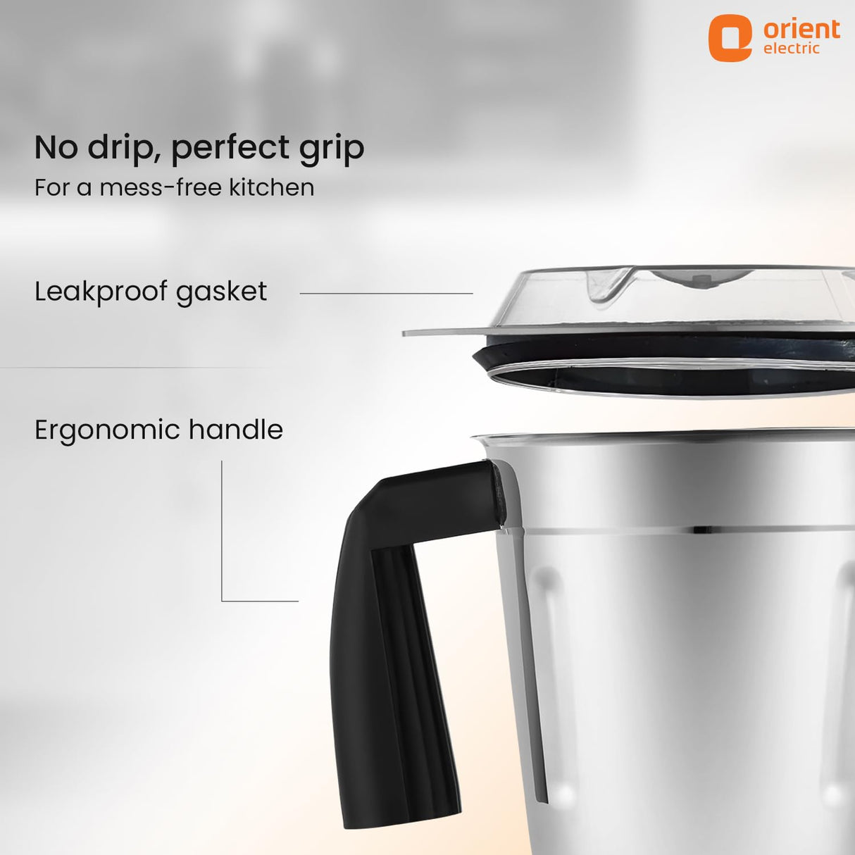 Kettle with ergonomic handle and leakproof gasket features, branded 'Orient Electric'.
