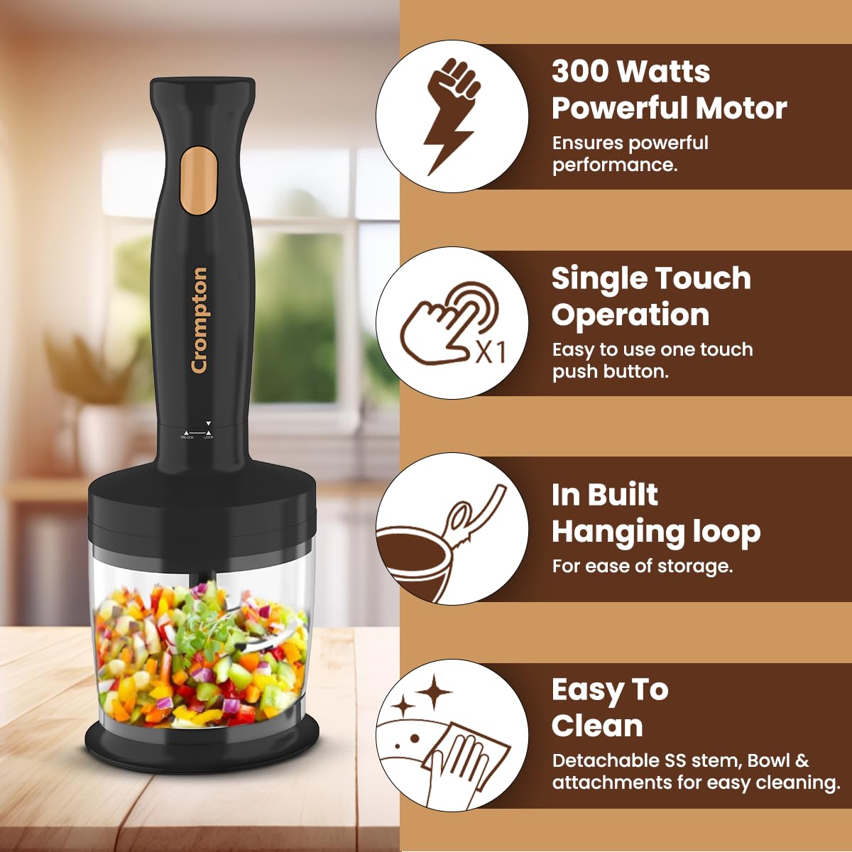 Crompton AMEO TRIO Hand blender+ Chopper+ whisker 300Watts (Black & Golden)
