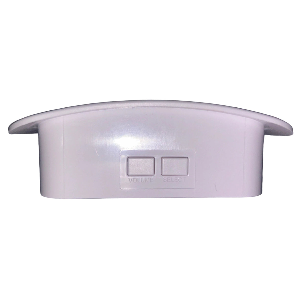 White plastic doorbell, bottom view with a lid on a gray background