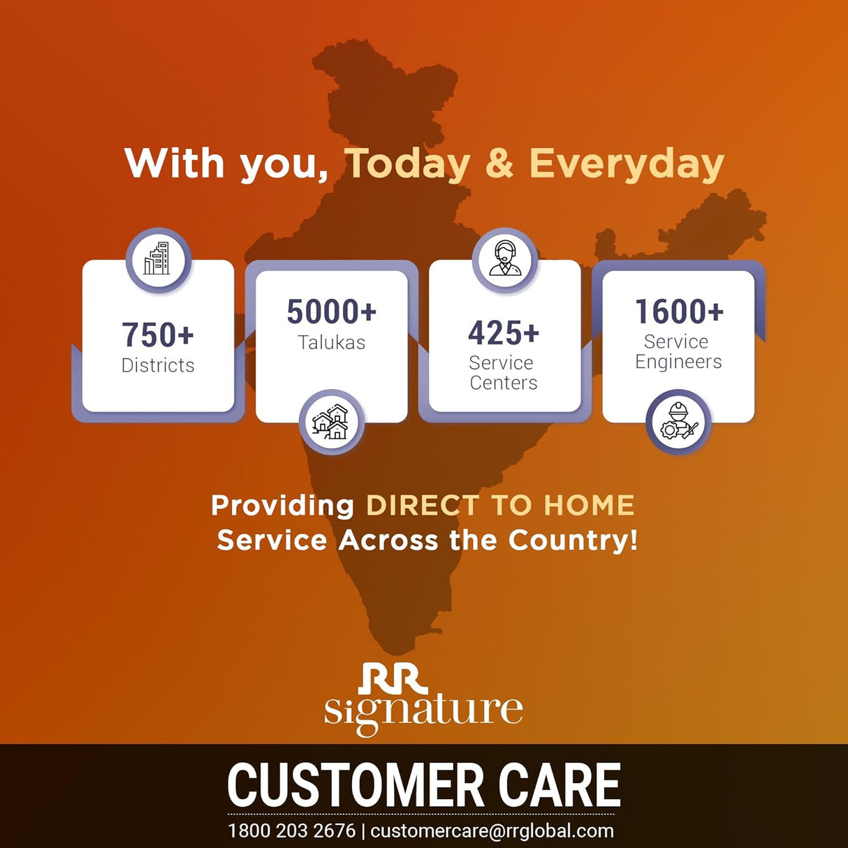 Map of India with customer care service details on an orange background, featuring RR Signature.