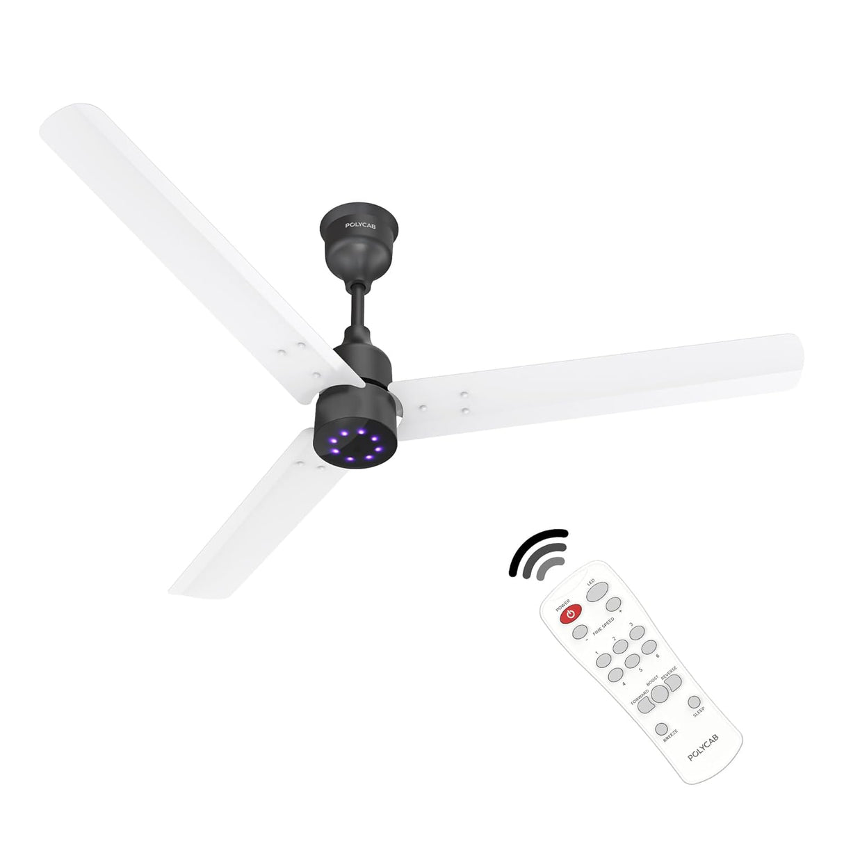 Ceiling fan with remote control on a white background