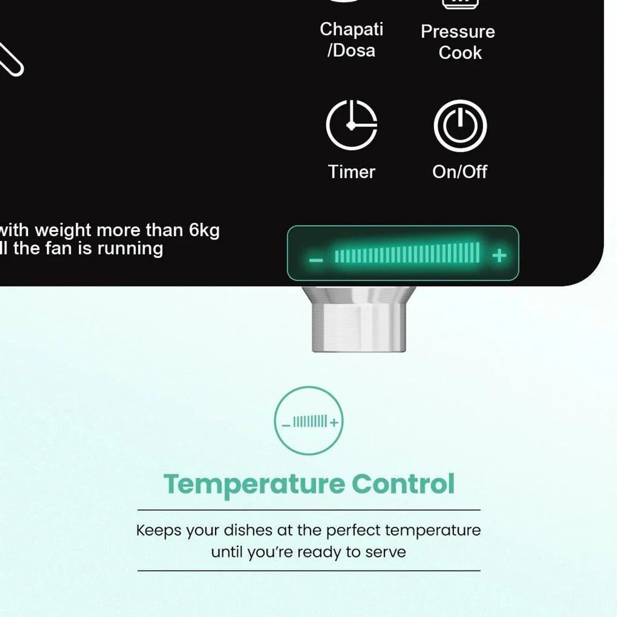 Control panel of a kitchen appliance with icons and text on a black and white background.