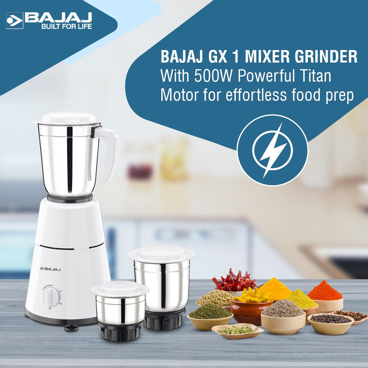 Bajaj GX-1 500 Watt Mixer Grinder with 3 Jars (White)