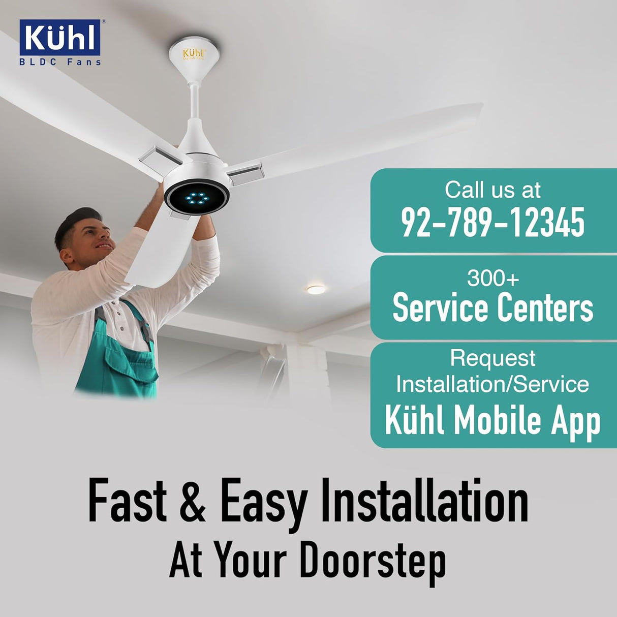 Person installing a ceiling fan with Köhl branding, including contact information and service center details.
