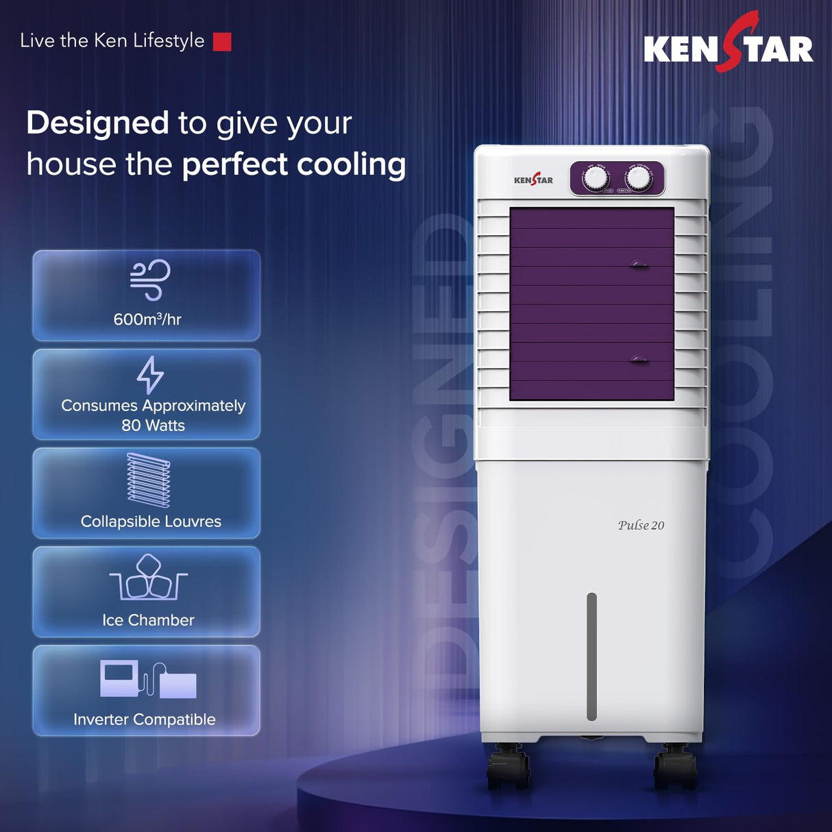 Kenstar Pulse HC 20 Litre Portable Personal Air Cooler | White & Purple