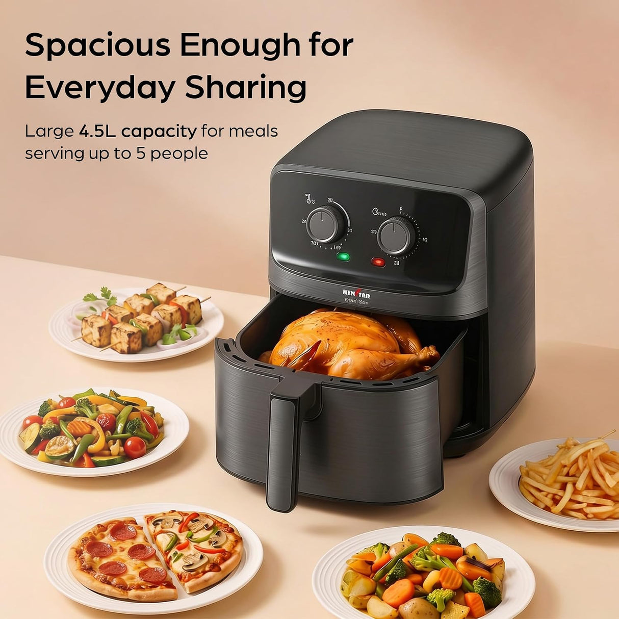 Black air fryer with a pull-out basket containing a roasted chicken, shown on a beige tabletop with plates of food around it. Text at the top reads 'Spacious Enough for Everyday Sharing' and 'Large 4.