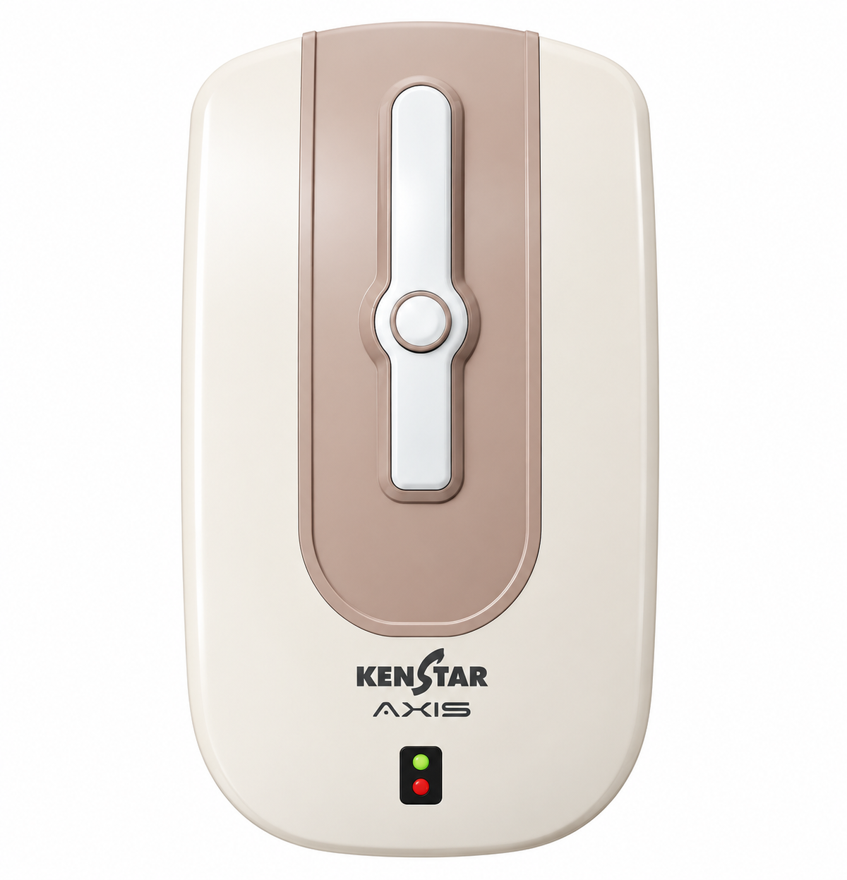 A Kenstar Axis air purifier shown from the front against a solid white background. The device has a cream-colored outer casing with a warm beige vertical accent panel in the center, a white vertical slider, and a small green and red LED indicator light at the bottom.