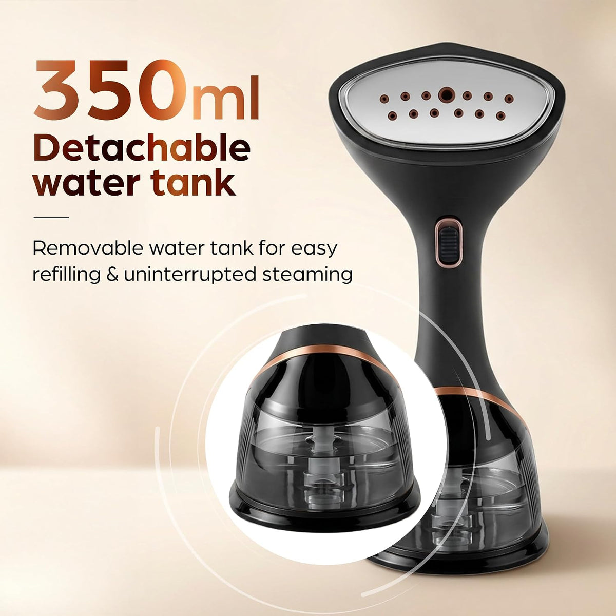 the kenstar fabrix garment steamer has 350ml detachable water tank which can be easy removed and easily refilling and uninterrupted steaming