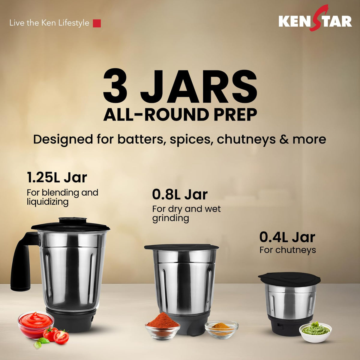 this mixer grinder comes with 3 jars each capacity has 1.25L jar for blending and liquidizing , 0.8L for dry and wet grinding and 0.4L jar for chutneys