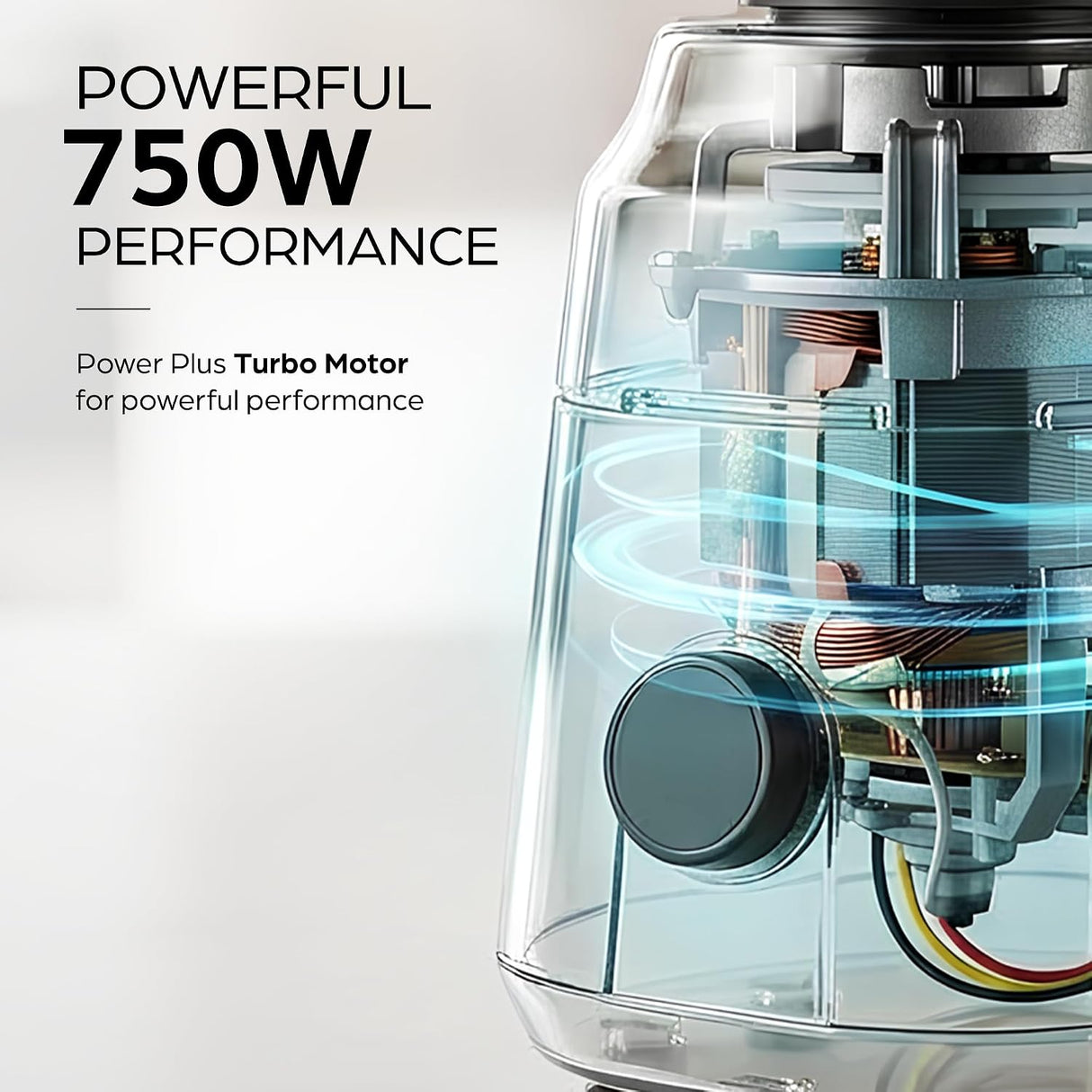 Close-up of a transparent cylindrical appliance or device showing internal motor components with blue airflow graphics and text reading 'POWERFUL 750W PERFORMANCE' on a light gray background.