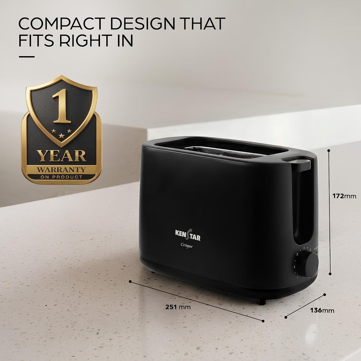 This Toaster has compact design that fits right in size : 17.2X13.6X25.1CM