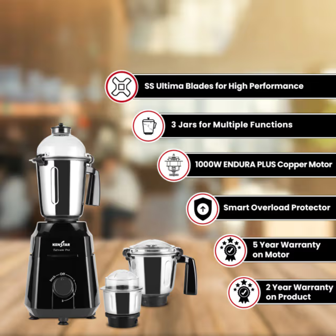 Kingar electric mixie grinder in black and stainless steel, shown alongside three jars and a list of product features on a blurred kitchen background.
