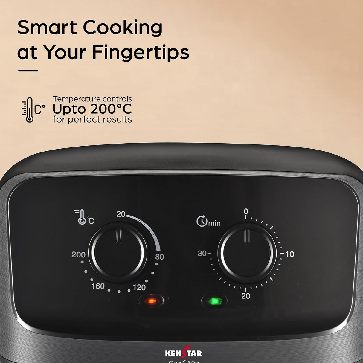 Ken Star smart cooking appliance control panel with two rotary dials, temperature and time settings, on a brushed metal base against a warm beige background with promotional text.