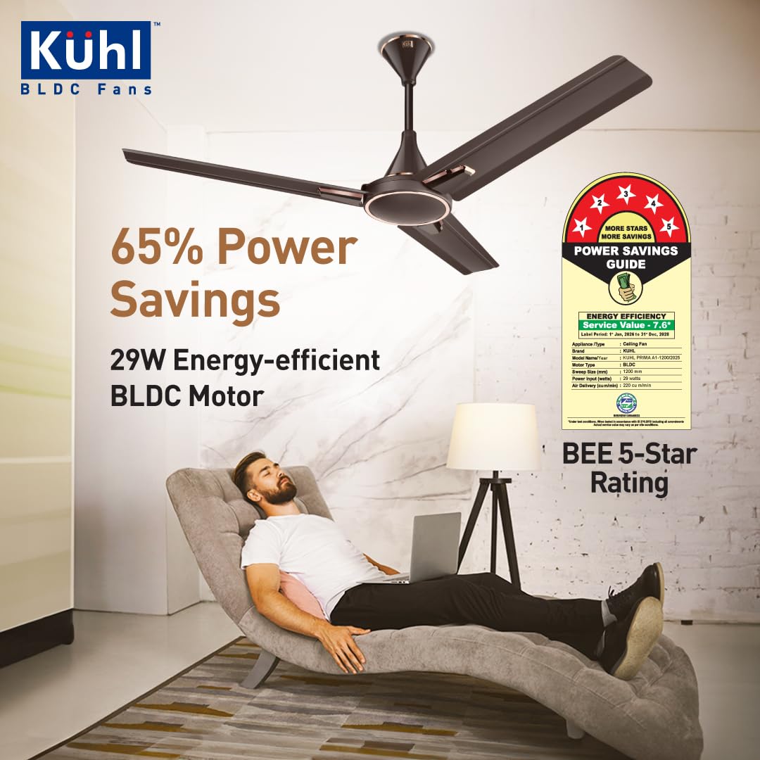 Käuhl ceiling fan with power savings and energy efficiency features in a room.