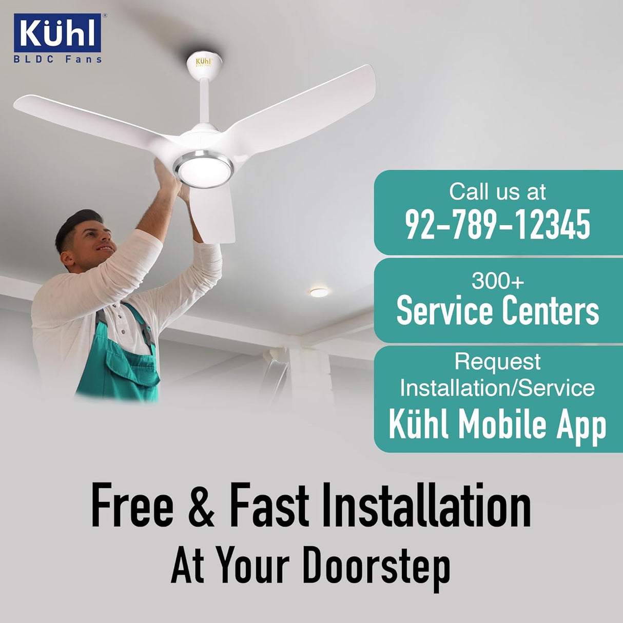 Advertisement for Köhl BLDC Fans with a person installing a ceiling fan, contact information, and service center details.