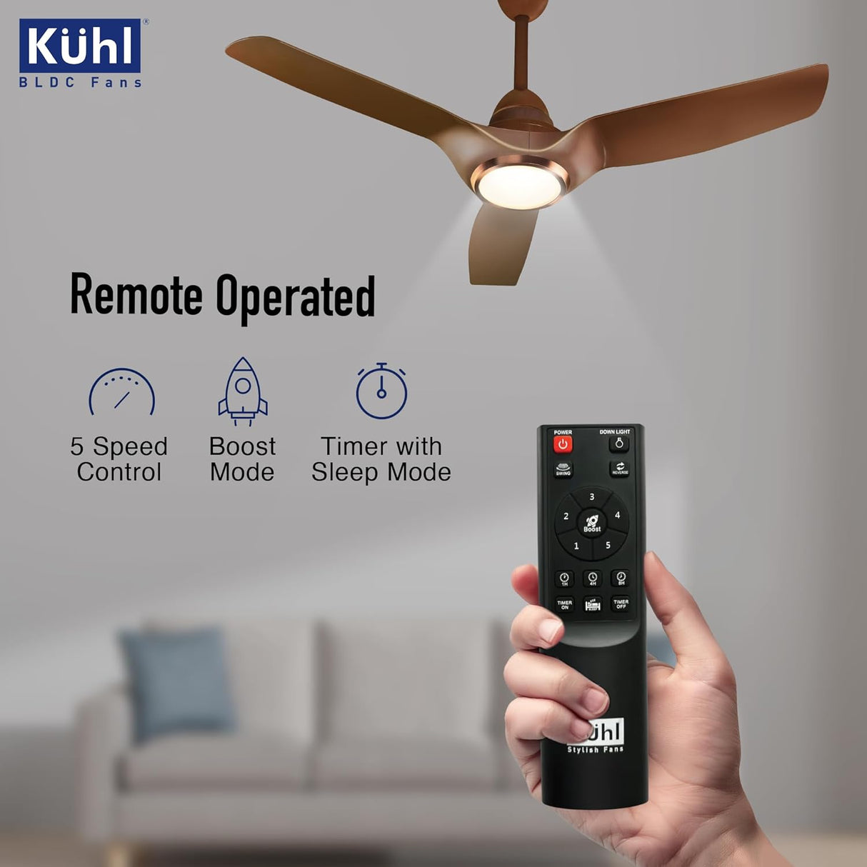 Kühl ceiling fan with remote control in a living room setting
