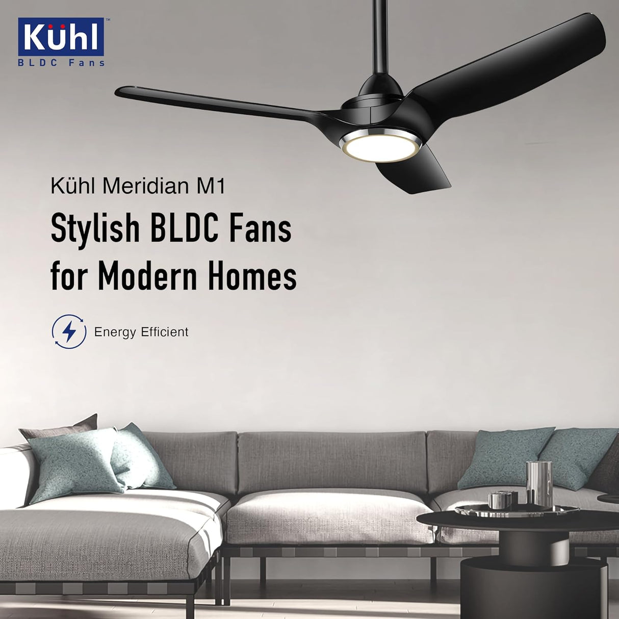 Köhl Meridian M1 ceiling fan in a modern living room setting with 'Köhl' branding.