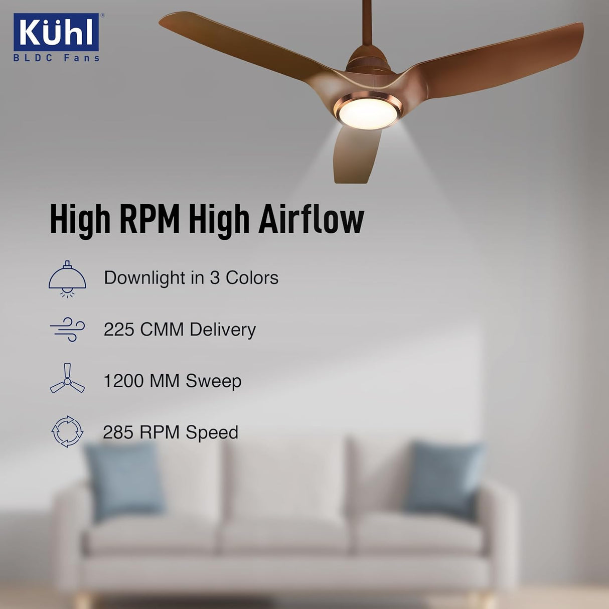 Ceiling fan with Kühl branding and product features listed on a gray background.