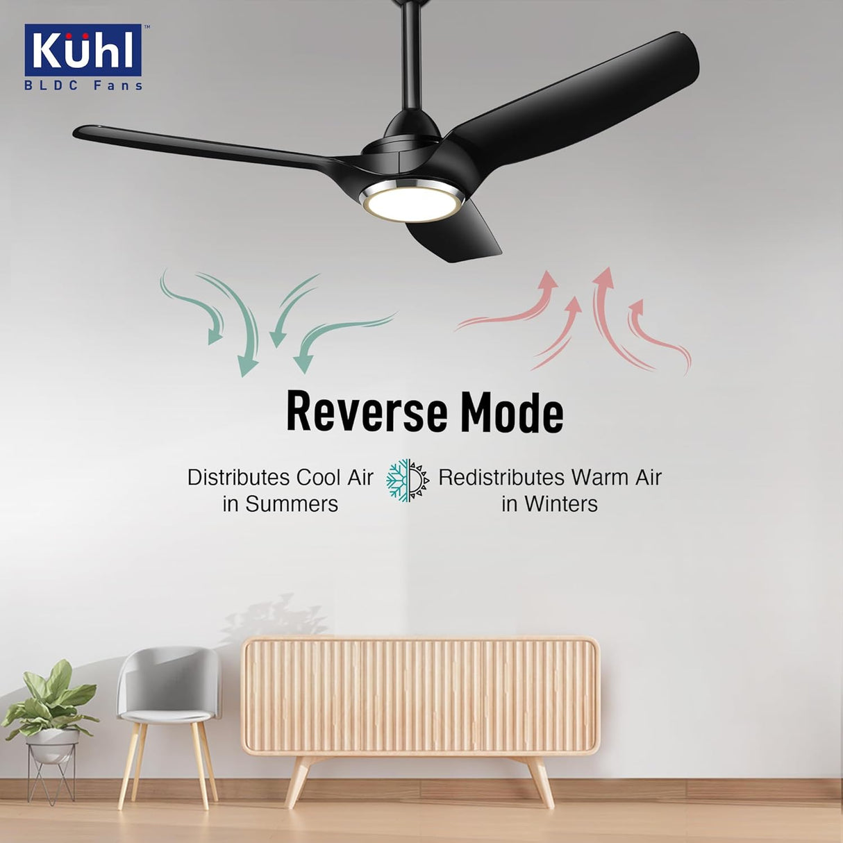 Black ceiling fan with Kuhl logo on a wall with diagram of reverse mode operation.