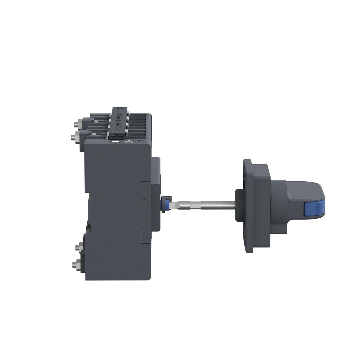 A dark gray industrial electrical component with a side terminal block, a horizontal metal shaft, and a rotary switch knob with a blue accent, shown on a plain white background.