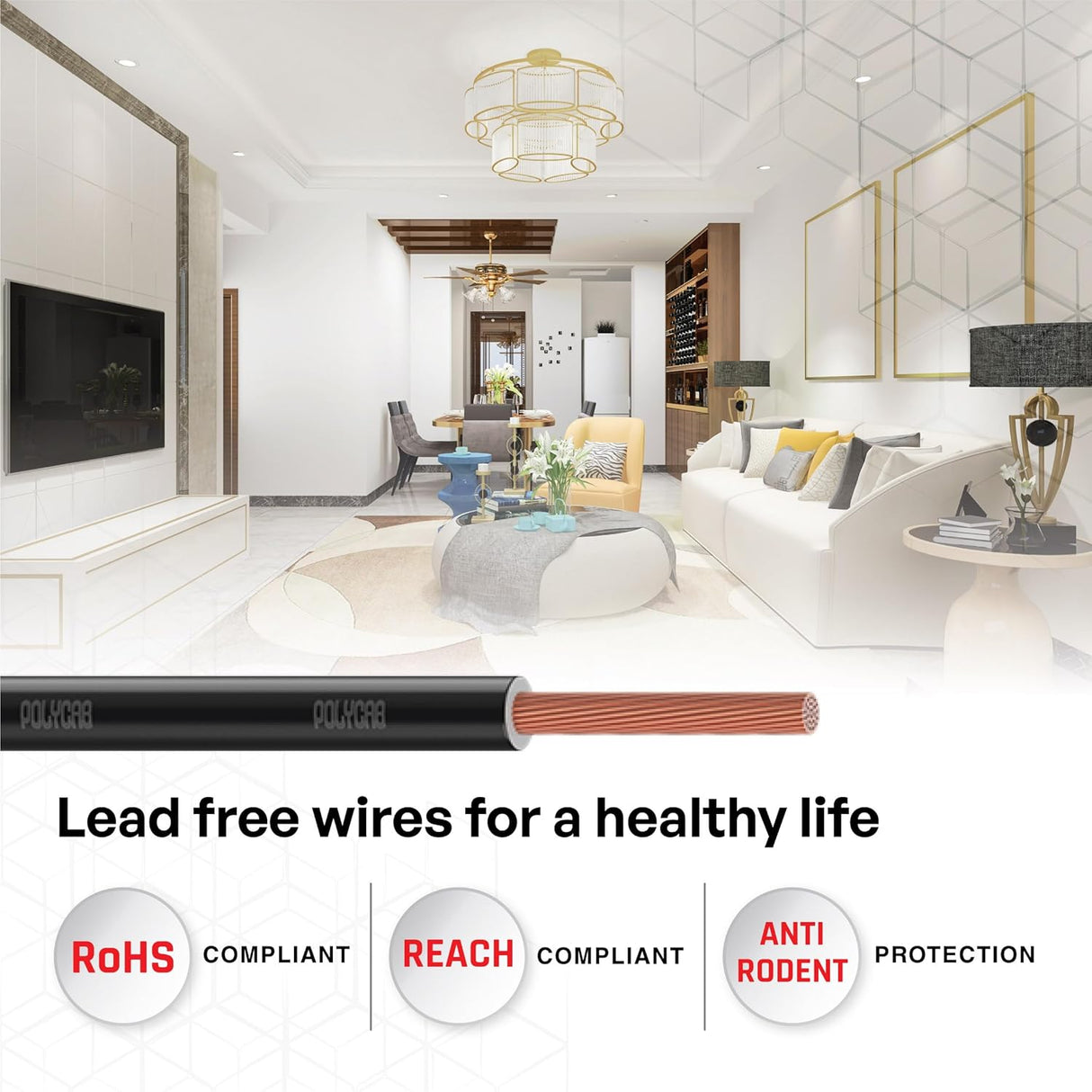 Modern living room with Polycab cable displayed, emphasizing lead-free wires for a healthy life.