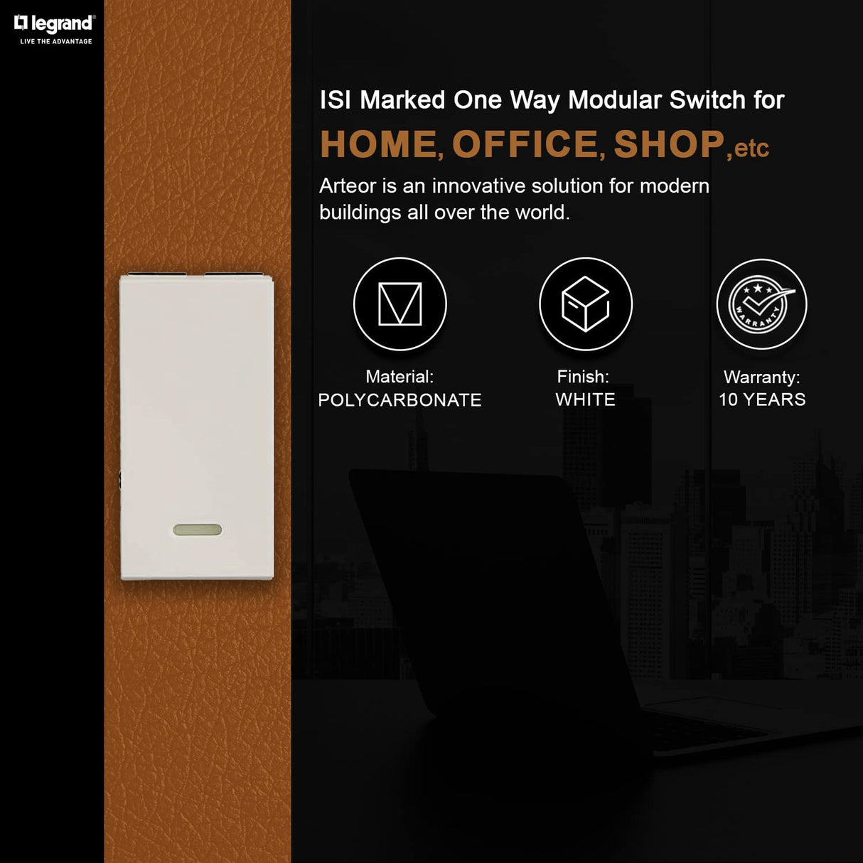 Legrand Arteor 20 A 1 Way Switch with Indicator 1M White 572063